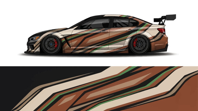 Stylized brown camouflage racecar with stripes and spoiler in a bold modern illustration.