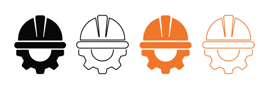 Construction Helmet and Gear Icon Set Vector with Workwear Safety Symbols, Engineer Protection Equipment and Cogwheel Designs