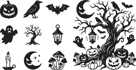 Obraz premium Halloween icons and symbols in black and white