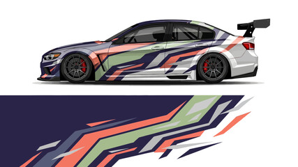 Obraz premium Colorful Wrapped Racecar with Dynamic Abstract Livery and Bold Stripes.
