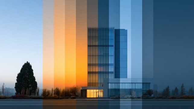 Split screen image displaying the same building from different angles and times, highlighting architectural details and lighting variations in a single composition.