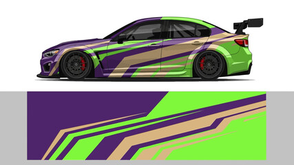 Obraz premium Side View of Neon Lime and Purple Wrapped Sports Car with Graphic Stripes.