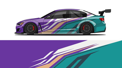 Vibrant stylized sports car design with dynamic color streaks. © Lailatul