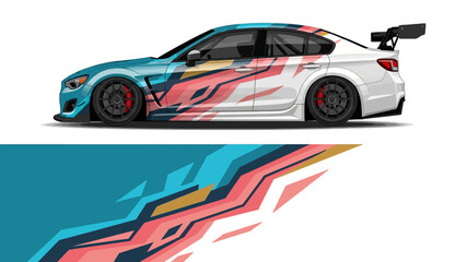 High-speed race car with dynamic colorful livery and striking graphic decals on a sleek racing vehicle. © Lailatul
