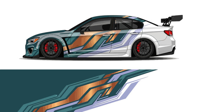 Sleek customized race car with orange and blue graphics in a detailed side profile view.