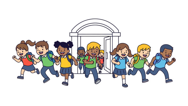 Excited Students Rush to School: A vibrant illustration depicts a diverse group of cheerful schoolchildren with backpacks excitedly running towards an open school entrance.