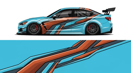 Obraz premium Blue and orange race car with bold livery and sleek aerodynamic design on track.