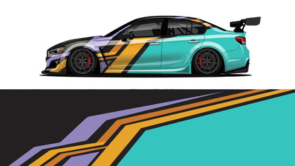 Obraz premium Side View of a Custom Racing Car with Bold Geometric Wrap in Teal, Purple, and Orange.