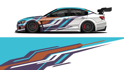 Obraz premium High-speed race car with blue white orange livery and dynamic geometric graphics.