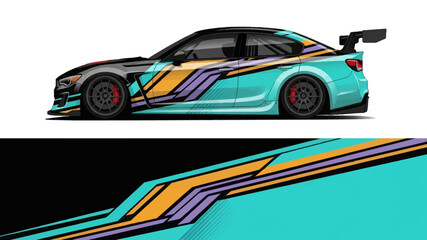 Obraz premium Colorful Graphic Race Car with Striped Livery and Dynamic Illustration.