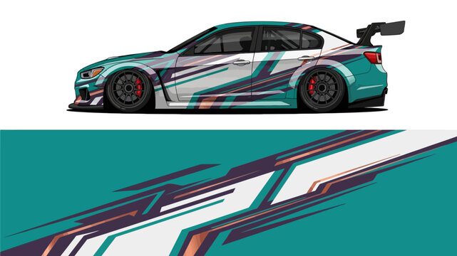 Dynamic teal and white race car illustration with bold graphic decals and sleek design.