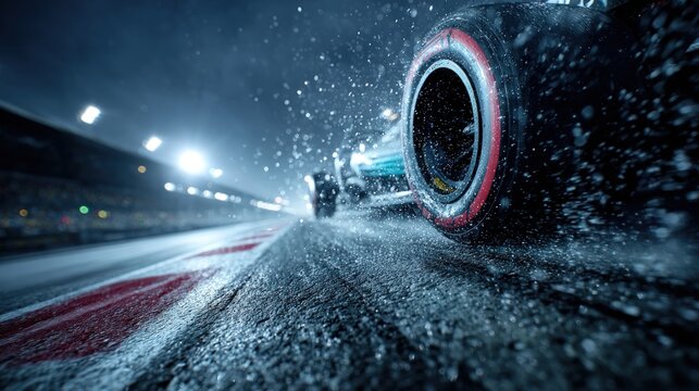 Professional race car speeding on wet track at night with water splashes.