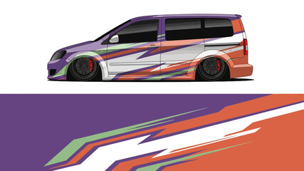 Fototapeta premium Custom Wrapped Racing Van with Bold Colorful Graphics and Diagonal Stripes.