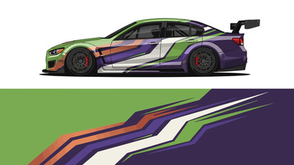 Obraz premium Stylized race car with vibrant livery and abstract background in bold colors.