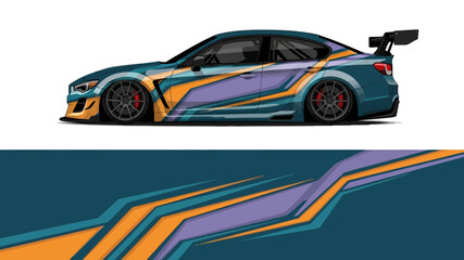 Fototapeta premium Colorful sports car illustration featuring geometric lines and bold racing design.