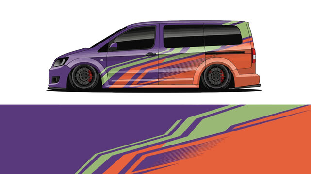 Colorful stylized van with bold flames and stripes on a vibrant geometric background.