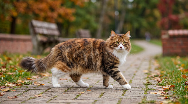 Majestic long-haired calico-tabby cat with striking white markings walking on a fall park path.