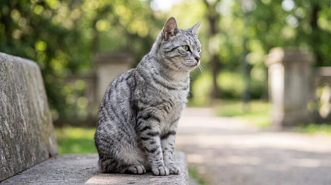 Elegant grey tabby cat sitting gracefully on a stone park bench, observing its surroundings on a sunny day.
