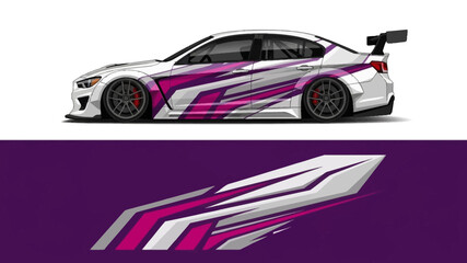 High-speed race car with purple and white livery and dynamic aerodynamic decals. © Lailatul