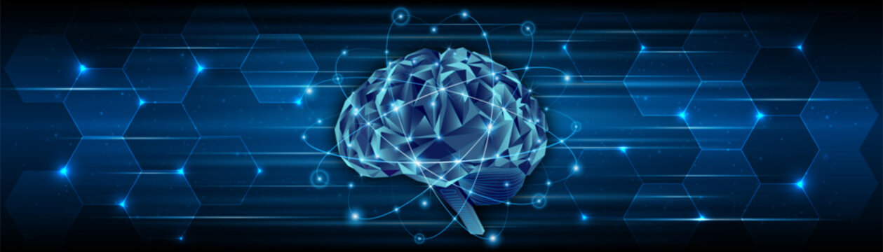 A digital brain of the future, featuring interconnected fluorescent neurons. A neural network or artificial intelligence brain.