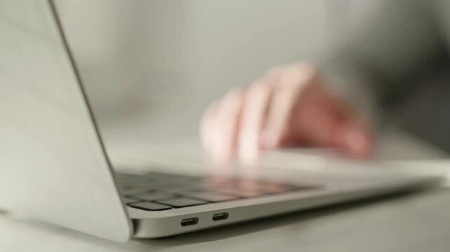 Hand Opening Laptop and Using Touchpad, Start of Work Concept, Close Up. Getting Started, Remote Work, Freelance Concept