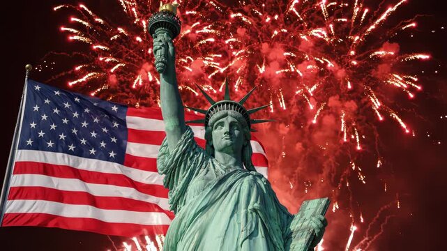 The statue of liberty with american flag and fireworks at night