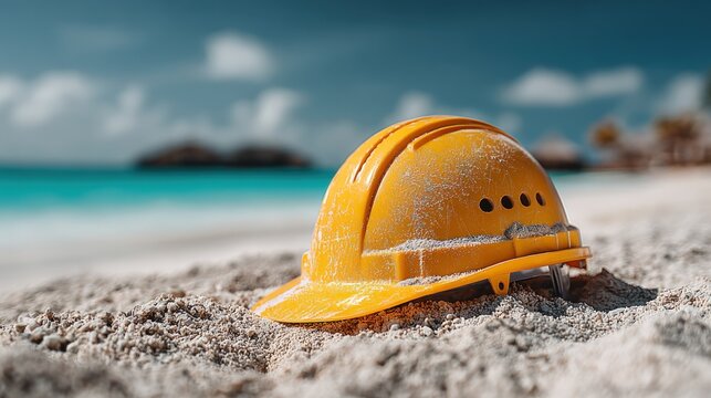 Protective yellow hard hat placed on sea sand with a blurry tropical beach backdrop.