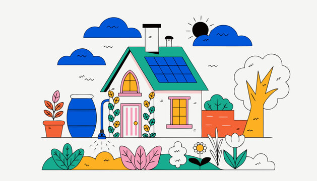 Eco friendly house with solar panels and sustainable lifestyle concept in colorful modern illustration