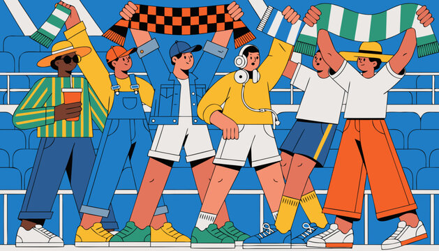 Cheerful sports fans celebrating together in stadium with team spirit, friendship and community support concept