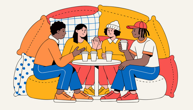 Diverse friends drinking coffee together in cozy space with communication, support and social connection concept