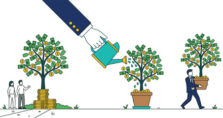 Financial Strategy and Investment Growth Concept Vector Illustration with Money Trees Giant Hand Watering Pot and Businessman Carrying Wealth © SUMON