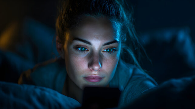 Young woman illuminated by glowing blue phone screen in dark room, focused expression and soft mood lighting conveying quiet nighttime intimacy