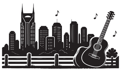 Nashville music city silhouette, Nashville skyline music theme, urban cityscape, vector isolated on white © Thi