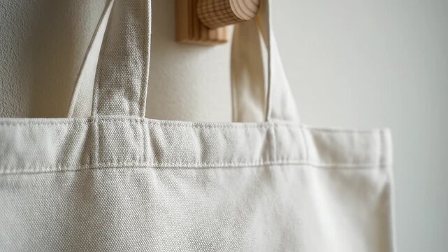 White tote bag hanging on wooden hook emphasizing authentic human connections and modern living