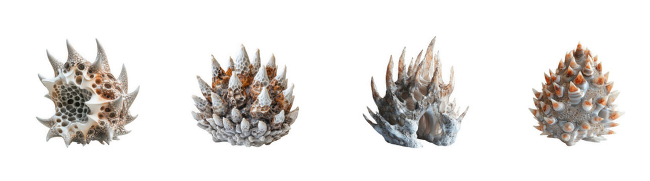Set of four spiky murex sea shells with textured surfaces isolated on transparent background