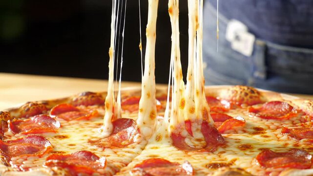 An extreme close-up macro video of a bubbling pepperoni pizza with a human hand lifting a slice, showing incredibly stretchy molten mozzarella cheese and crispy pepperoni. Delicious comfort food
