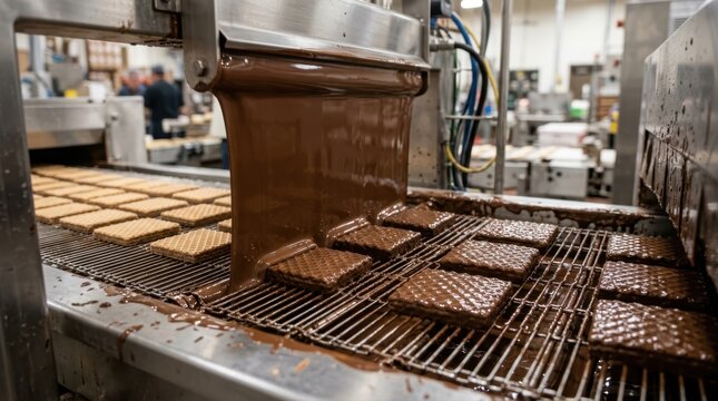 Industrial chocolate enrobing machine coating wafer cookies on a conveyor belt
