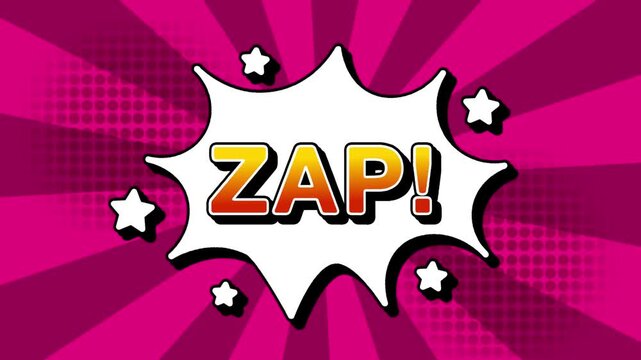 zap text word lettering popup comic cartoon reveal with bomb and smoke explosion manga anime book page dots with radial speed lines doodle pink background with seamless loop animation retro