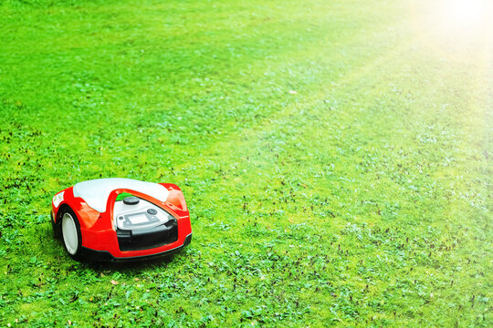 A modern black robotic lawn mower autonomously cuts green grass in a backyard near a house terrace. Ideal for smart home setup and eco-friendly gardening concepts.