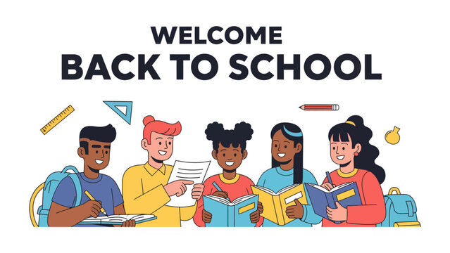 Welcome Back to School: Diverse group of young students cheerfully engage in learning activities, surrounded by school supplies and cheerful decor, heralding the start of a new academic journey.