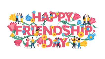 Naklejka premium Happy Friendship Day Illustration: A vibrant and colorful illustration celebrating Friendship Day, featuring large, decorative text surrounded by cheerful people, flowers, and greenery.