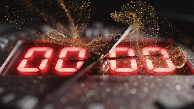Digital timer with golden liquid splash highlighting vibrant colors and contemporary design