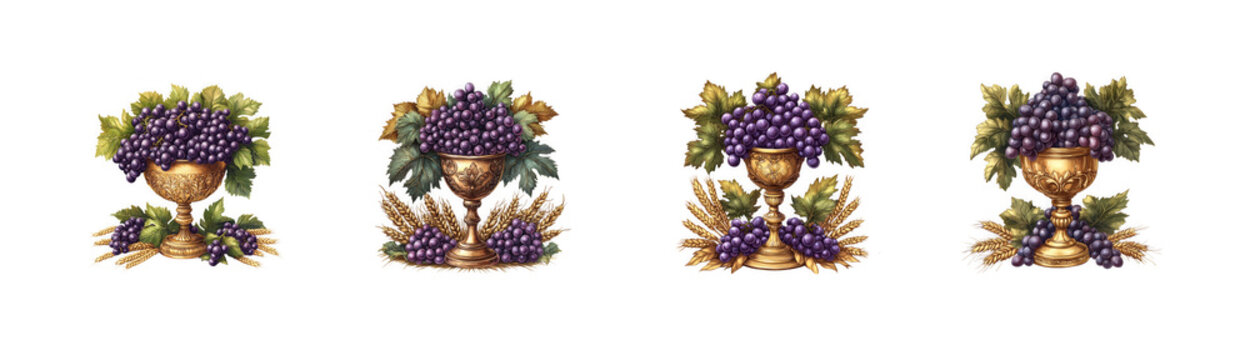 Set of golden chalices filled with ripe purple grapes and vine leaves isolated on transparent background