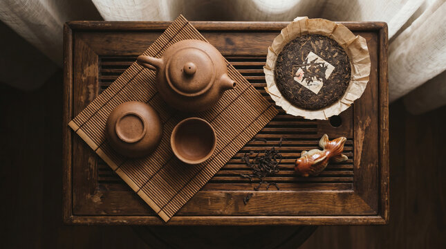 Traditional Chinese tea ceremony flat lay with clay teapot, cup, pu-erh tea, tea pet fish, and dried leaves on a wooden tray. Healthy lifestyle and meditation concept.