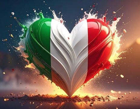 A heart-shaped Italian flag with paint splatters and flames