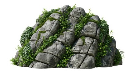 Large grey rock covered with green climbing plants and moss in natural sunlight