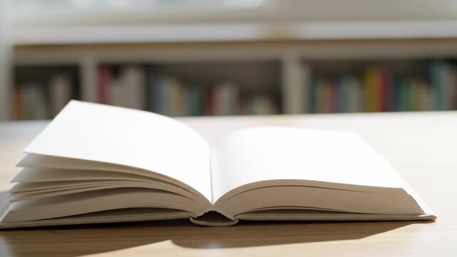 Open book pages turning on wooden table with blurred bookshelf in background