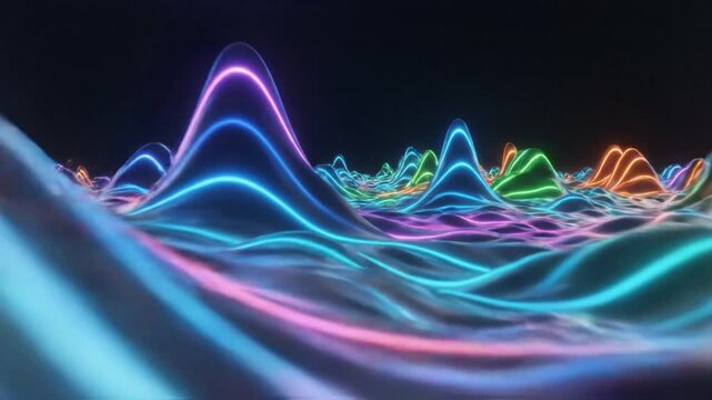 Abstract Waves with Neon Lights Glowing Over a Black Background Representing Sound Visualisation