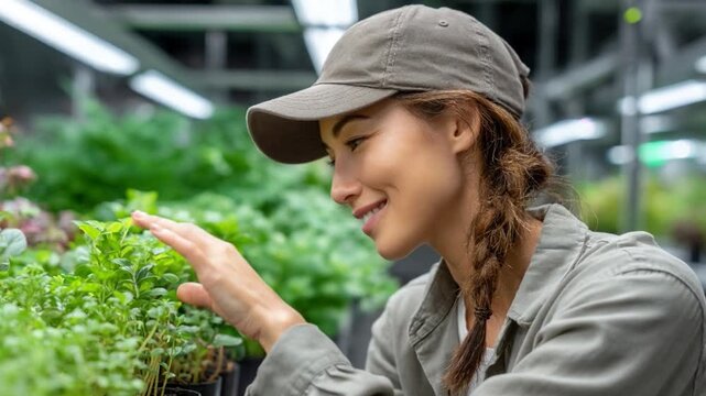 Gardener Examining Greens: A young woman wearing a cap and apron smiles as she gently touches a lush plant in a garden center, surrounded by rows of fresh produce.