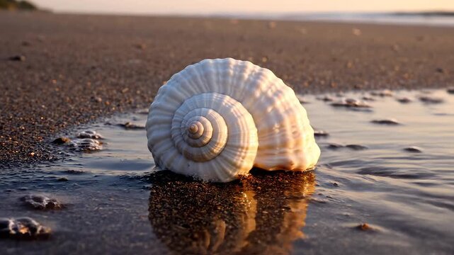 Seashell on wet sandy beach ideal for eco-friendly campaigns and travel vlogs